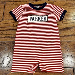 4T EUC  “Parker” Red & Navy Stripe Short Romper Classic Southern Smocks